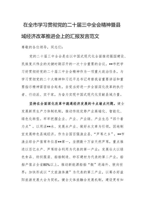 2024学习贯彻党的二十届三中会议精神暨经济改革推进会上的汇报发言范文.docx