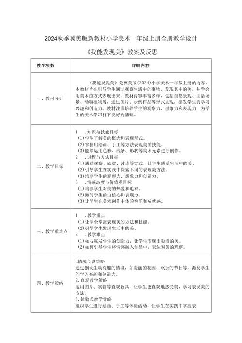 2024秋季冀美版新教材小学美术一年级上册全册教案教学设计含反思.docx