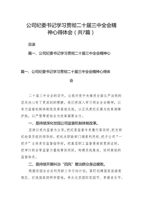 公司纪委书记学习贯彻二十届三中全会精神心得体会7篇（详细版）.docx