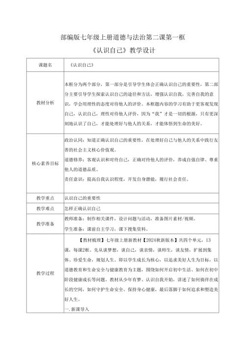 全国赛课一等奖统编版七年级道德与法治上册（人教2024年）《认识自己》教学设计.docx