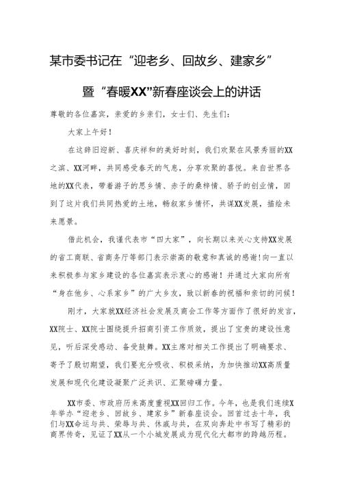 某市委书记在“迎老乡、回故乡、建家乡”暨“春暖XX”新春座谈会上的讲话.docx