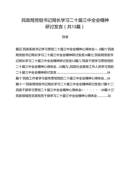 （13篇）民政局党组书记局长学习二十届三中全会精神研讨发言合计.docx