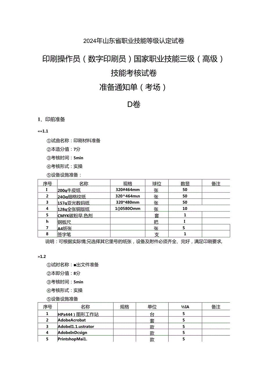 2024年山东省职业技能等级认定试卷 真题 印刷操作员（数字印刷员） 三级（高级）技能考核D卷-考场准备通知单.docx_第1页