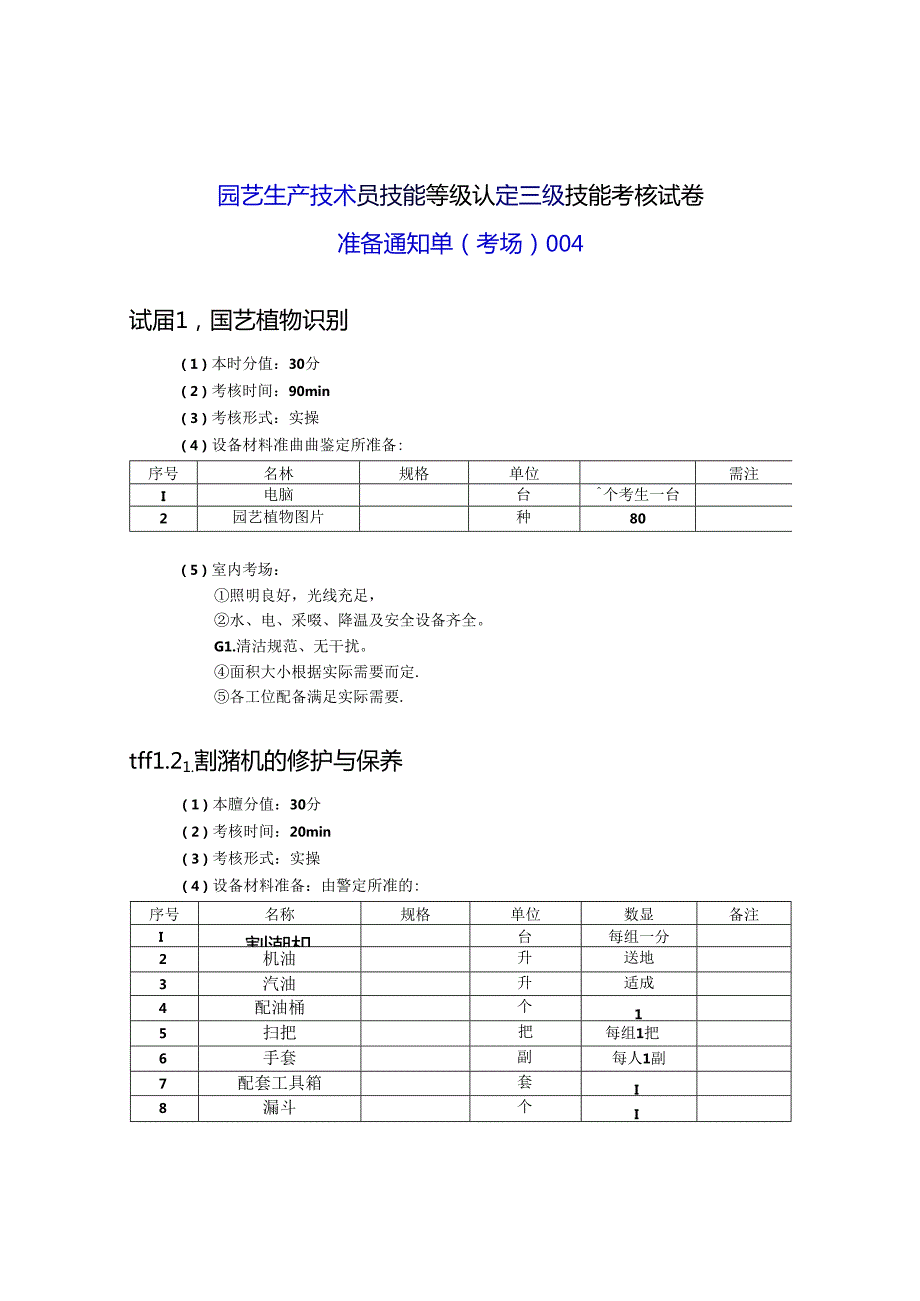 2024年山东省职业技能等级认定试卷 真题 农业技术员（园艺生产技术员）（三级）考场、考生准备通知单004.docx_第1页