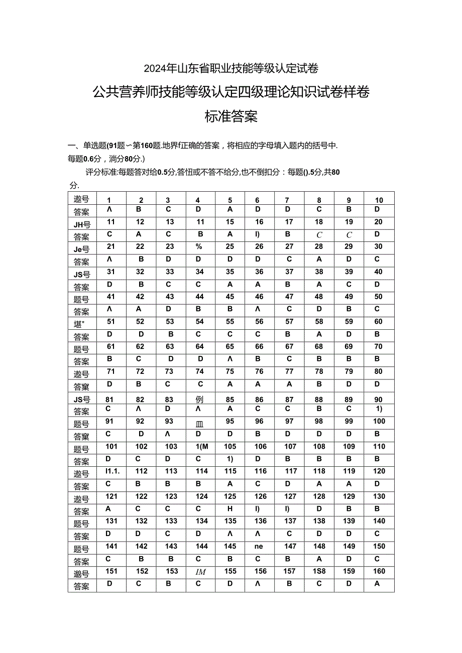 2024年山东省职业技能等级认定试卷 真题 公共营养师 四级理论知识试卷标准答案（样卷）.docx_第1页