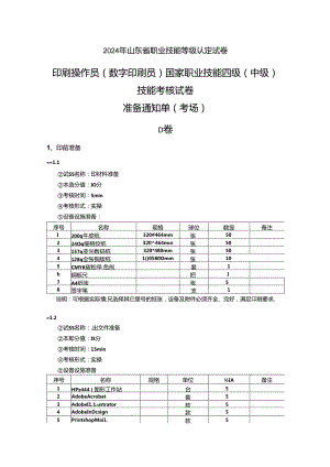 2024年山东省职业技能等级认定试卷 真题 印刷操作员（数字印刷员） 三级（中级）技能考核D卷-考场准备通知单.docx