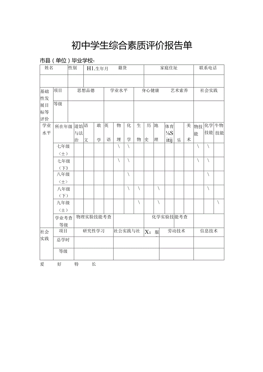 初中学生综合素质评价报告单.docx_第1页