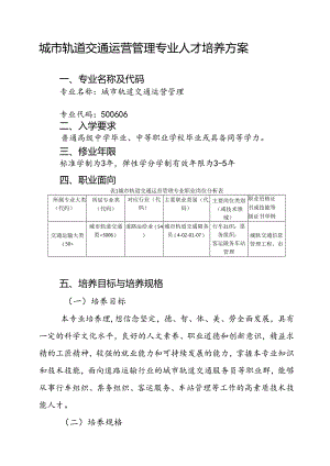 职业技术学校城市轨道交通运营管理人才培养方案.docx