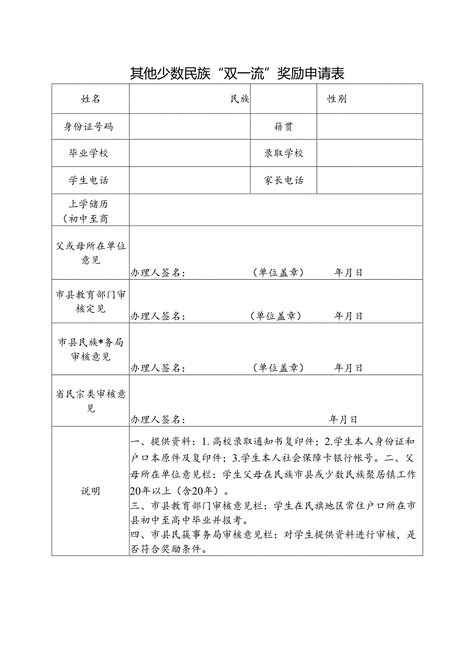 其他少数民族“双一流”奖励申请表.docx_第1页