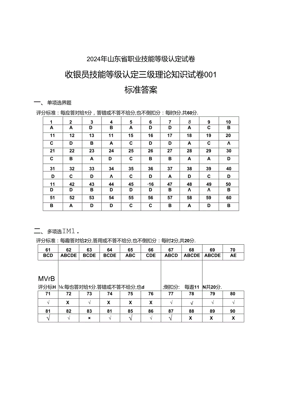 2024年山东省职业技能等级认定试卷 真题 收银员三级理论答案（样题）.docx_第1页