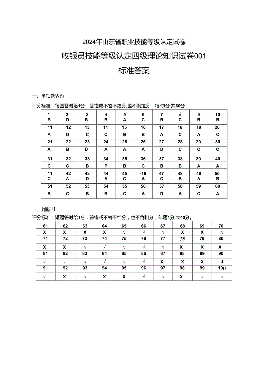 2024年山东省职业技能等级认定试卷 真题 收银员四级理论答案（样题）.docx_第1页