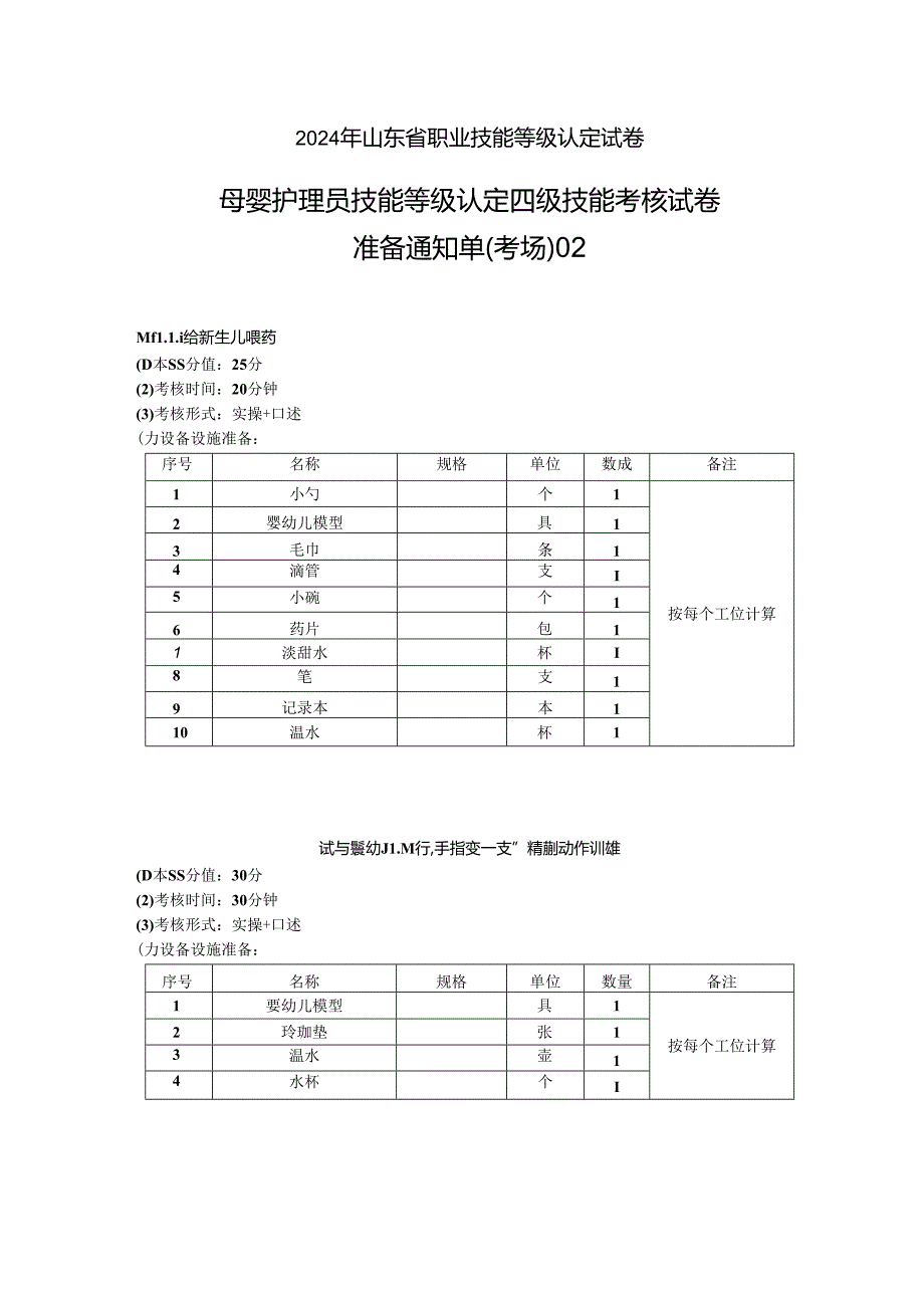 2024年山东省职业技能等级认定试卷 真题 母婴护理员 中级 准备通知单 -.docx_第1页