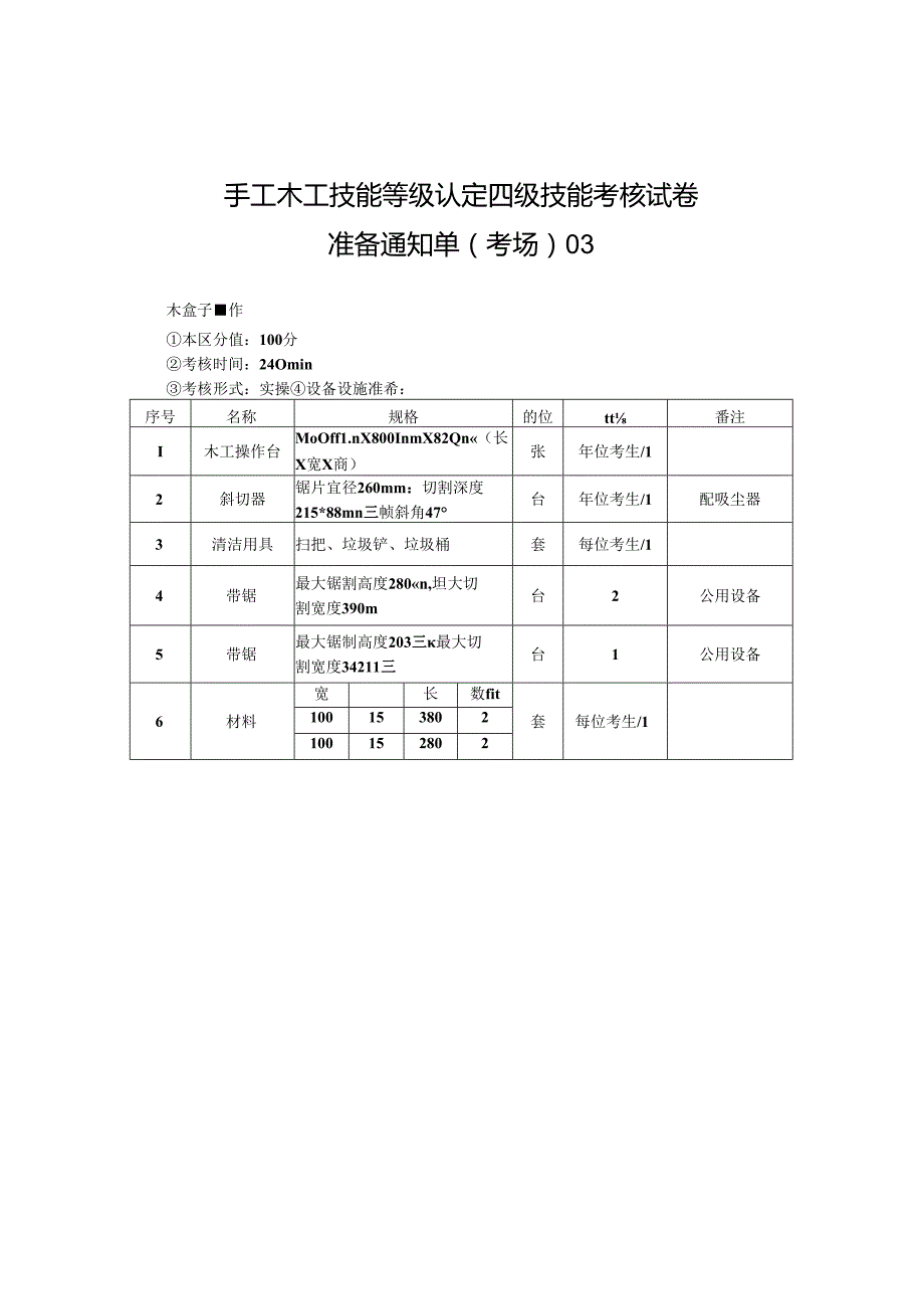 2024年山东省职业技能等级认定试卷 真题 手工木工中级考场、考生准备通知单3.docx_第1页