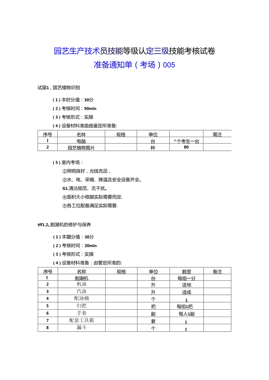 2024年山东省职业技能等级认定试卷 真题 农业技术员（园艺生产技术员）（三级）考场、考生准备通知单005.docx_第1页