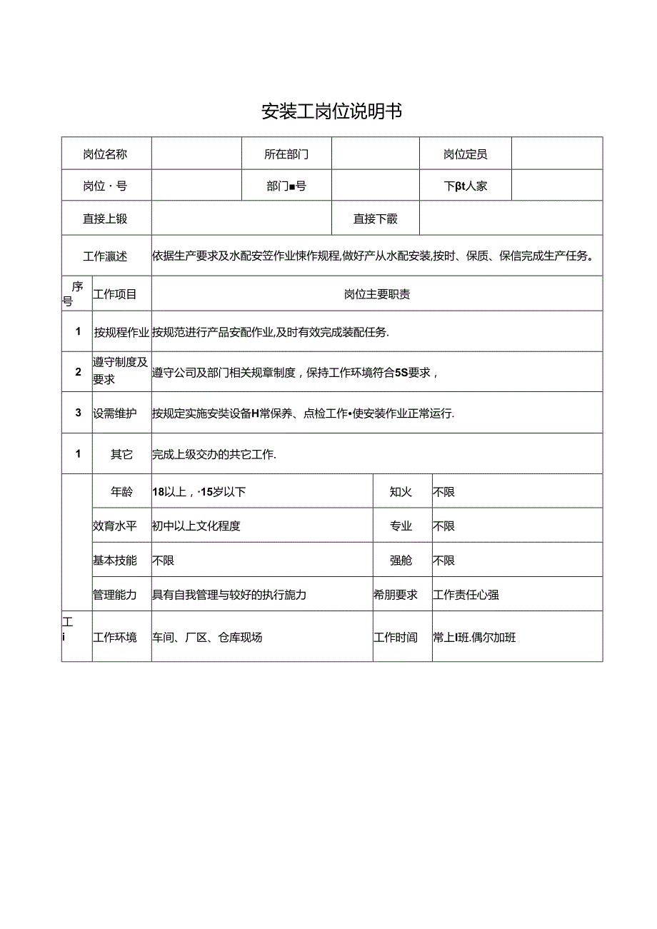 安装工岗位说明书.docx_第1页