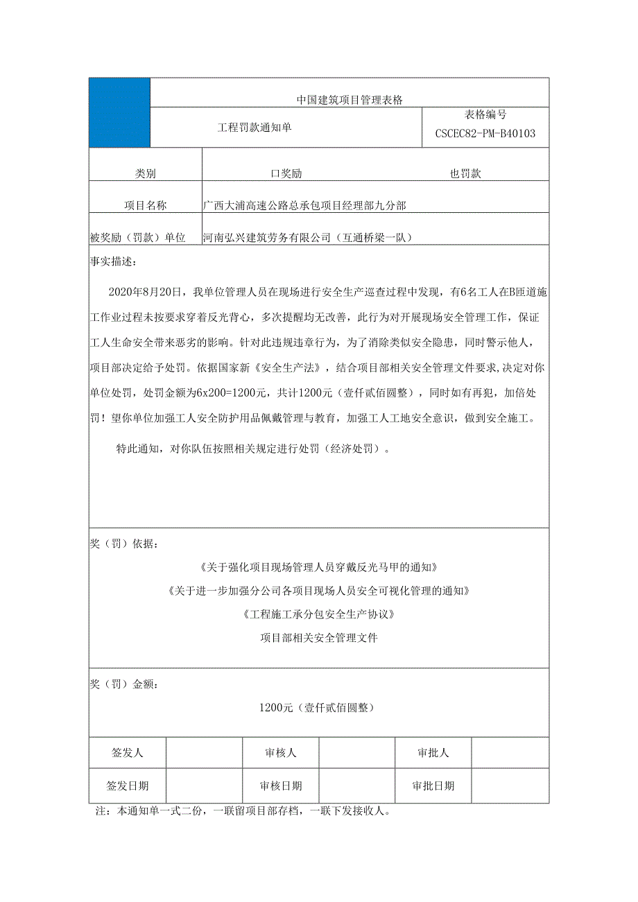 处罚单2020.8.20河南弘兴未穿反光背心安全帽.docx_第1页