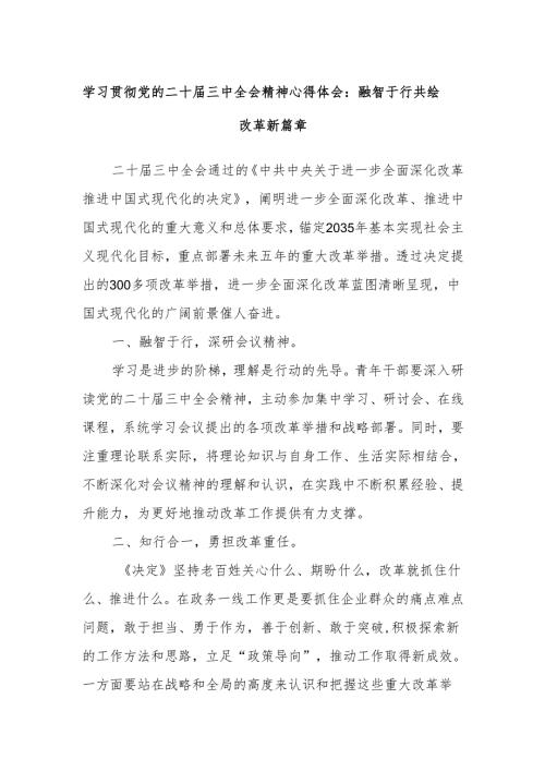 学习贯彻党的二十届三中全会精神心得体会：融智于行共绘改革新篇章.docx