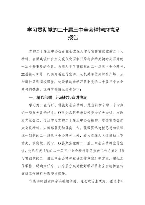 2024年关于学习贯彻党的二十届三中全会精神的情况报告(七篇).docx