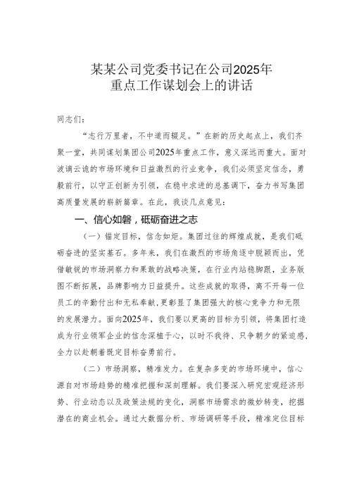 某某公司党委书记在公司2025年重点工作谋划会上的讲话.docx